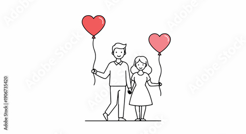 Line drawing of a man and a girl holding heart-shaped balloons on strings against a white background with a romantic mood.