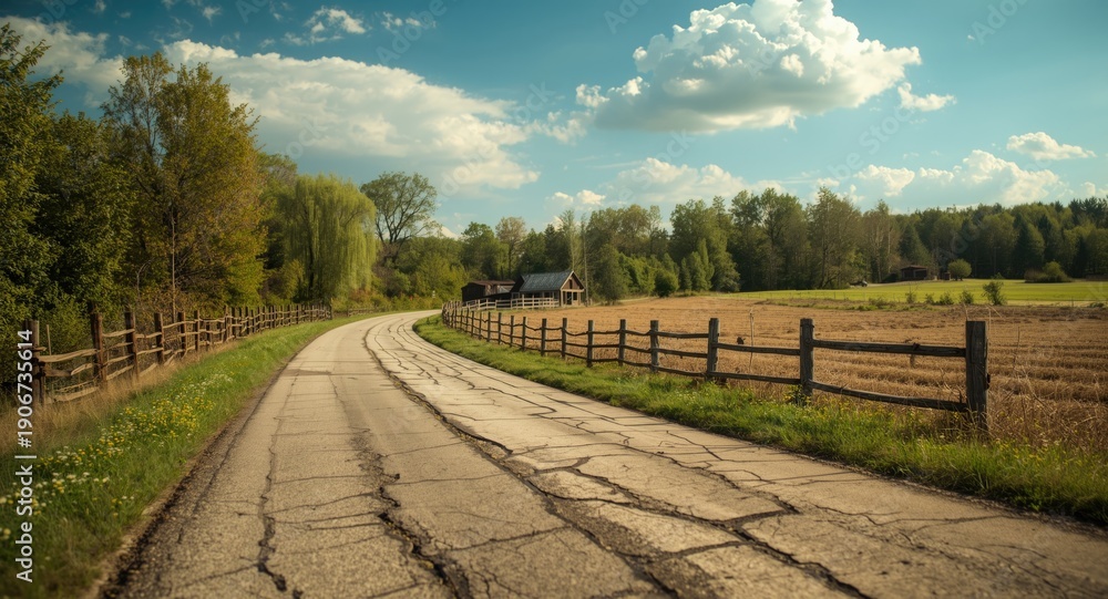 Naklejka premium Country road symbolizing the contrast between vitality and decay