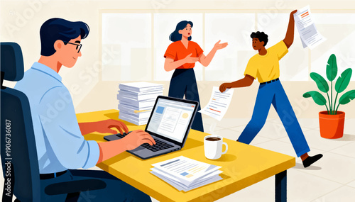 A flat-style vector illustration featuring dynamic characters successfully completing their work in an office environment.
