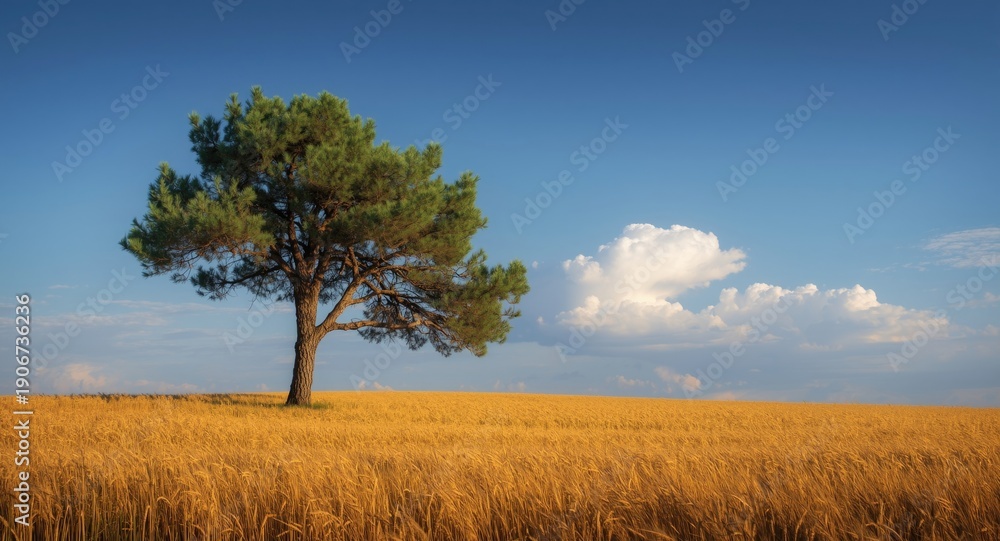 Fototapeta premium lonely pine tree towering over an expansive open field