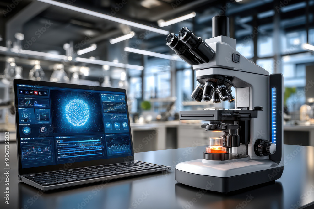 Fototapeta premium Laboratory microscope with digital display and laptop showing scientific data in a modern research facility