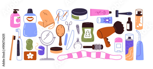 Personal hygiene items set. Skin care cosmetics and elements for bathing: shaver, scissors, shampoo, gel, moisturizing cream. Products for dental health. Flat isolated vector illustrations on white