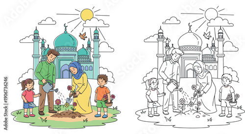 Happy Muslim family gardening together in front of a mosque, father watering plants and mother planting flowers with kids