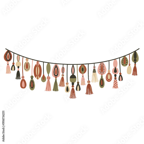 Colorful tassel trim garland with intricate designs isolated on a white background