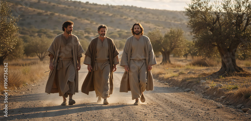 Three men in biblical robes walking on a dirt road. Jesus and disciples on the journey to Emmaus. Christian religious concept