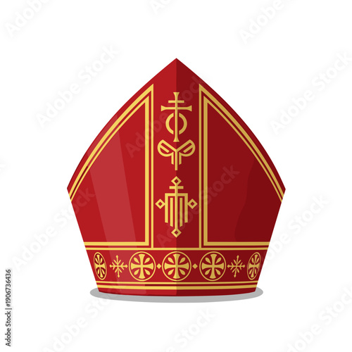 Ornate bishops hat with gold detailing isolated on a white background, showcasing intricate religious symbols and rich red color