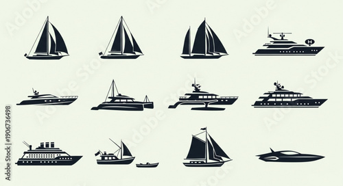 Collection of Various Boats and Yachts Silhouettes.
