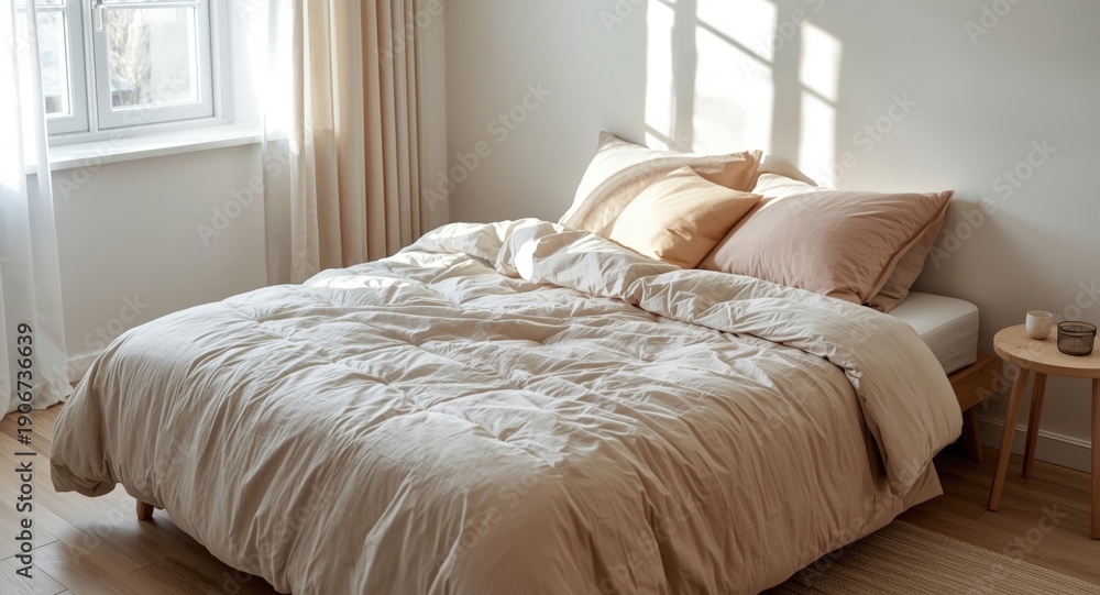 Obraz premium Contemporary flats bedroom with unmade duvet and cozy cushions in a calm daytime space