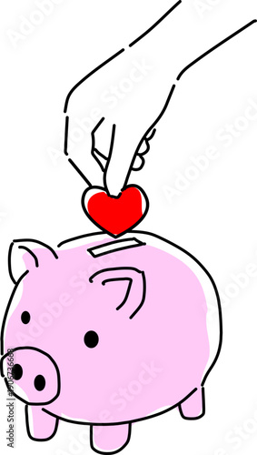 ハートのコインを貯金箱に入れる手元シンプル線画