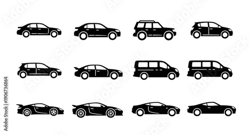 Collection of various black car silhouettes on white background.