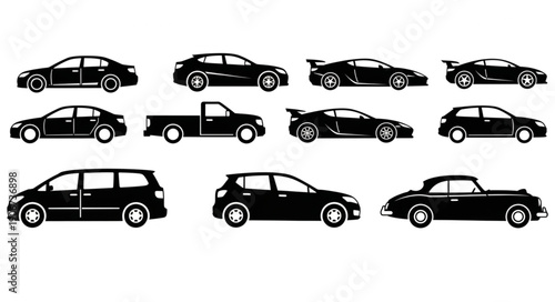 Collection of various black car silhouettes on white background.
