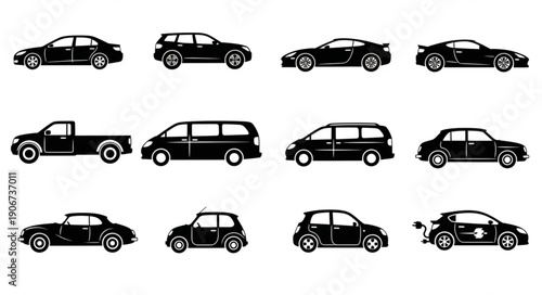 Collection of various black car silhouettes on white background.
