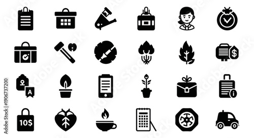 Collection of various black icons representing business and lifestyle.