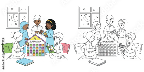 Cute diverse Muslim children celebrating Ramadan together with an advent calendar and books