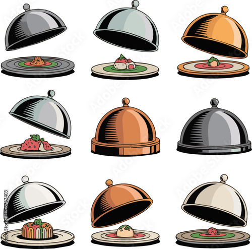 Isolated a kinds of deferent Opened restaurant cloche vector art with white background.