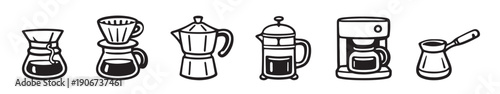 Set of hand-drawn minimalist icons for coffee brewing methods: moka pot, french press, pour over, drip maker, and cezve. Vector illustration.