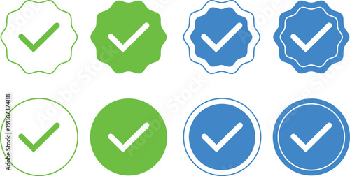account verify icon, verified badge icon with check mark tick symbol : confirmed, approved, verification icons
