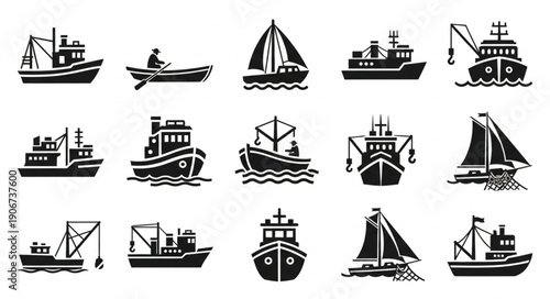 Collection of Various Boat and Ship Silhouettes.