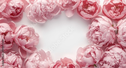 Flat lay of lush pink peony flowers on a clean white background with copy space for celebration cards