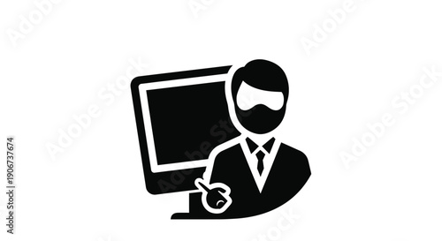 Silhouette of a person with a sleep mask using a computer depicted in black