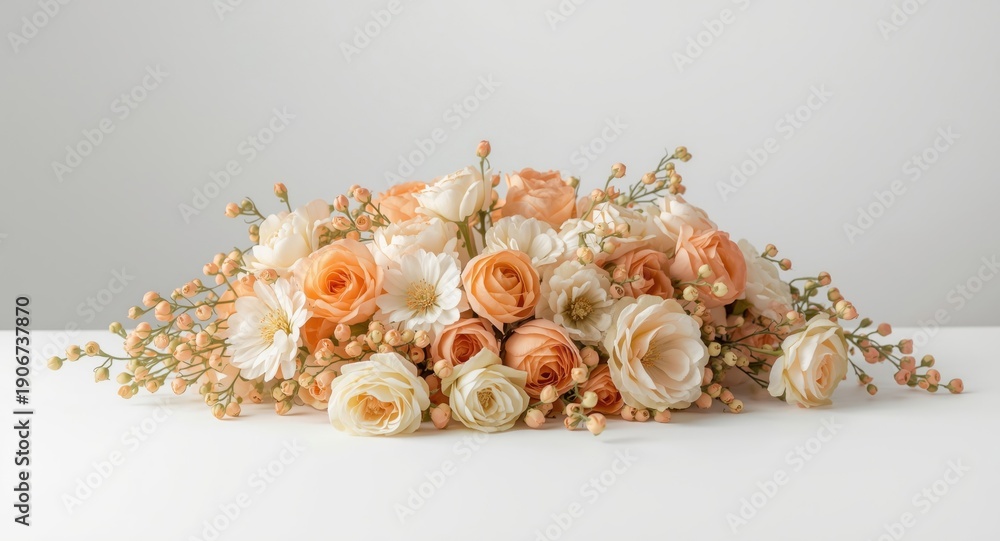 Obraz premium Floral arrangement of orange and white blossoms on a clean white surface with copy space