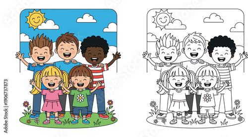 Happy diverse group of cartoon kids boys and girls standing together hugging and waving outdoors with sunny sky background