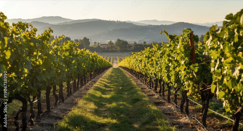 Naklejka premium Expansive rows of Sangiovese grapes basking in late day sunlight with copyspace