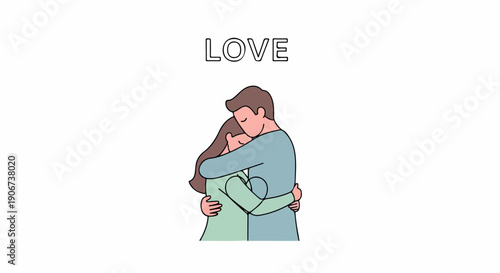Illustration of a man and woman embracing with the word 'LOVE' above them on a plain white background.