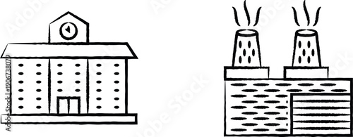 vector illustration of building ,black and white minimalist building icons featuring various architectural styles in a simple and modern vector design