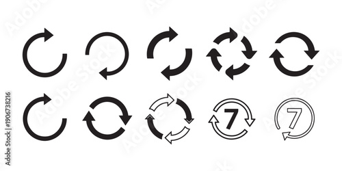 Vector set of refresh and reload icons, collection of circular arrows and 7 days service symbols for customer support and delivery design.