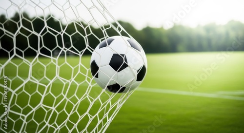 Soccer Ball in Goal Net on Professional Grass Field Background