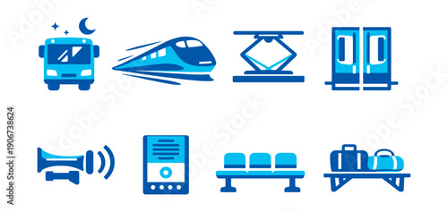 Public transportation blue icons set