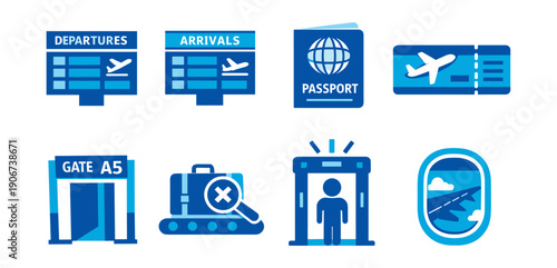 Air Travel and Airport Blue and White Icons Set