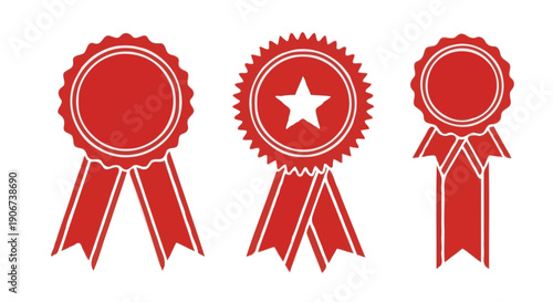 Set of red award ribbon medals with star and seal icons