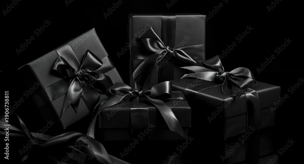 Naklejka premium Black wrapped festive gift boxes with elegant ribbon ties set against a smooth black background