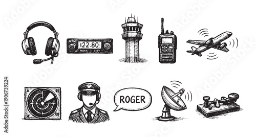 Hand drawn doodle set illustrating air traffic control elements, including airplane, radio, headset, tower, radar, and pilot, isolated on white.