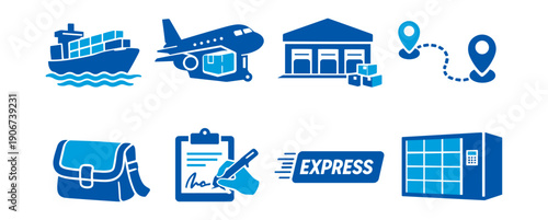 Logistics and delivery services blue icons set