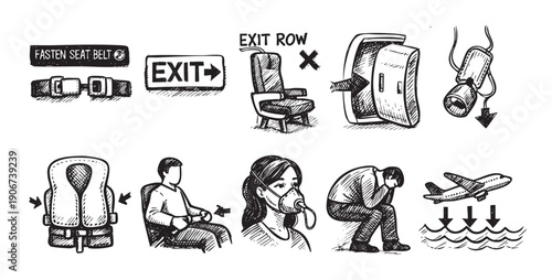 Hand-drawn style vector illustrations of safety instructions in airplane. Shows: seatbelt, exit, oxygen mask, life vest, crash position, etc. For safety manuals, travel blogs, educational resources.