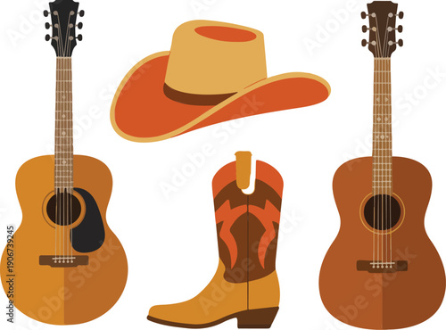 Western Music Elements Illustration Collection  Boots, Hat, and Folk Instruments