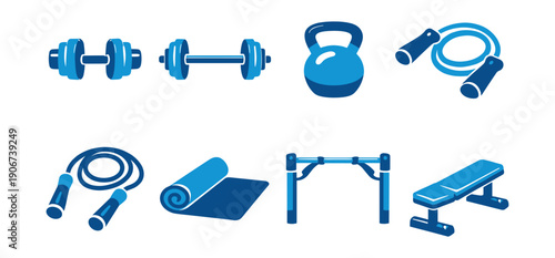 Gym equipment blue icons set