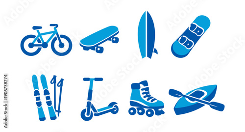 Outdoor sports and recreational equipment blue silhouette icons set