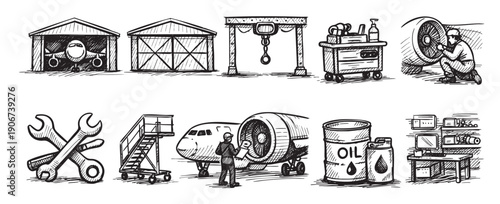 Hand drawn sketch of aviation maintenance elements, including plane repair, hangar, tools, and oil, perfect for illustrating aviation industry, service, or mechanics.