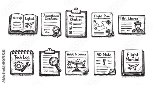 Hand-drawn style illustration of essential aviation documents including a logbook, pilot license, checklists, and manual. Use for aviation, education, training, or safety related designs.