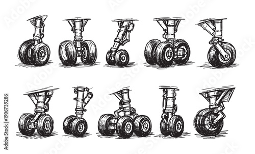Hand-drawn illustration featuring various airplane landing gear designs. Perfect for engineering, aviation, or educational content. Isolated on white background, creating a clean, graphic image.