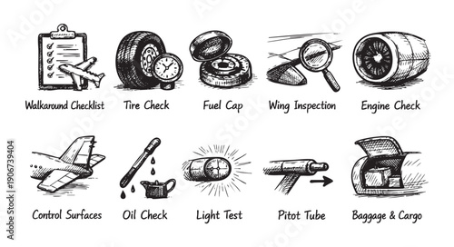 Hand-drawn illustration depicting various pre-flight checks for an aircraft. Includes engine, tires, and control surface inspection. Great for aviation education, safety manuals, and aviation content.