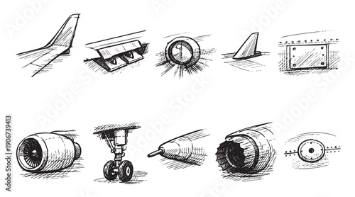 A collection of hand-drawn sketches depicting various airplane components: wings, engine, landing gear and details. Use for engineering, aviation or technical illustration projects.