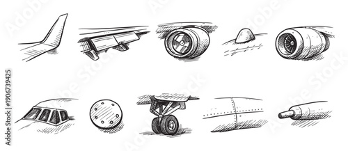 Collection of ten hand-drawn sketches of airplane parts, including tail, wing, engine, landing gear, cockpit. Suitable for aviation, engineering, transportation, education or design projects.