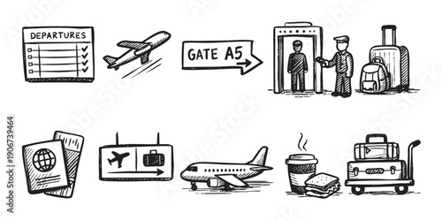 A set of hand-drawn airport and travel icons. Includes passport, airplane, departures board, luggage, security. Suitable for travel, vacation, and transportation-related content.