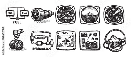 Black and white sketch of aviation instruments and engine parts, including fuel, hydraulics, radar, altimeter, navigation, landing gear, and oxygen mask.