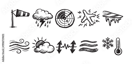Hand-drawn set of weather-related and aviation icons in black ink on white. Includes windsock, storm, radar, airplane. Great for weather, travel, aviation themes.